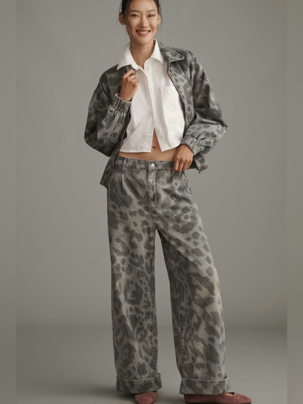 Leon Double Hem High-Rise Wide-Leg Cuffed Jeans by Pilcro - Grey Leapard